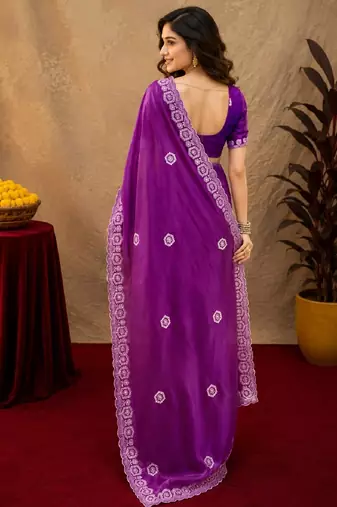 Purple soft shimmer chiffon embroidery work saree with unstitched blouse piece