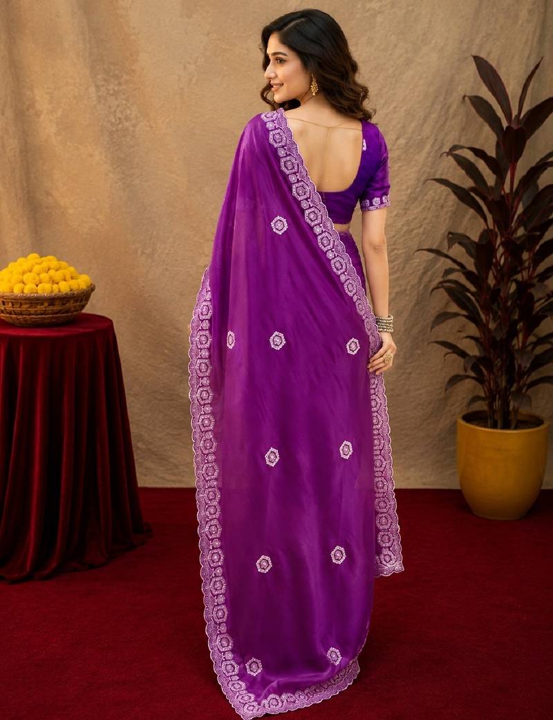 Purple soft shimmer chiffon embroidery work saree with unstitched blouse piece