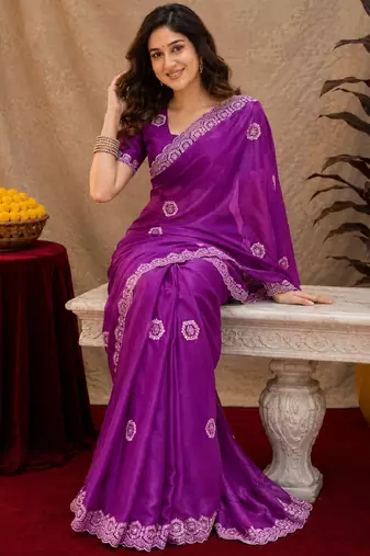 Purple soft shimmer chiffon embroidery work saree with unstitched blouse piece