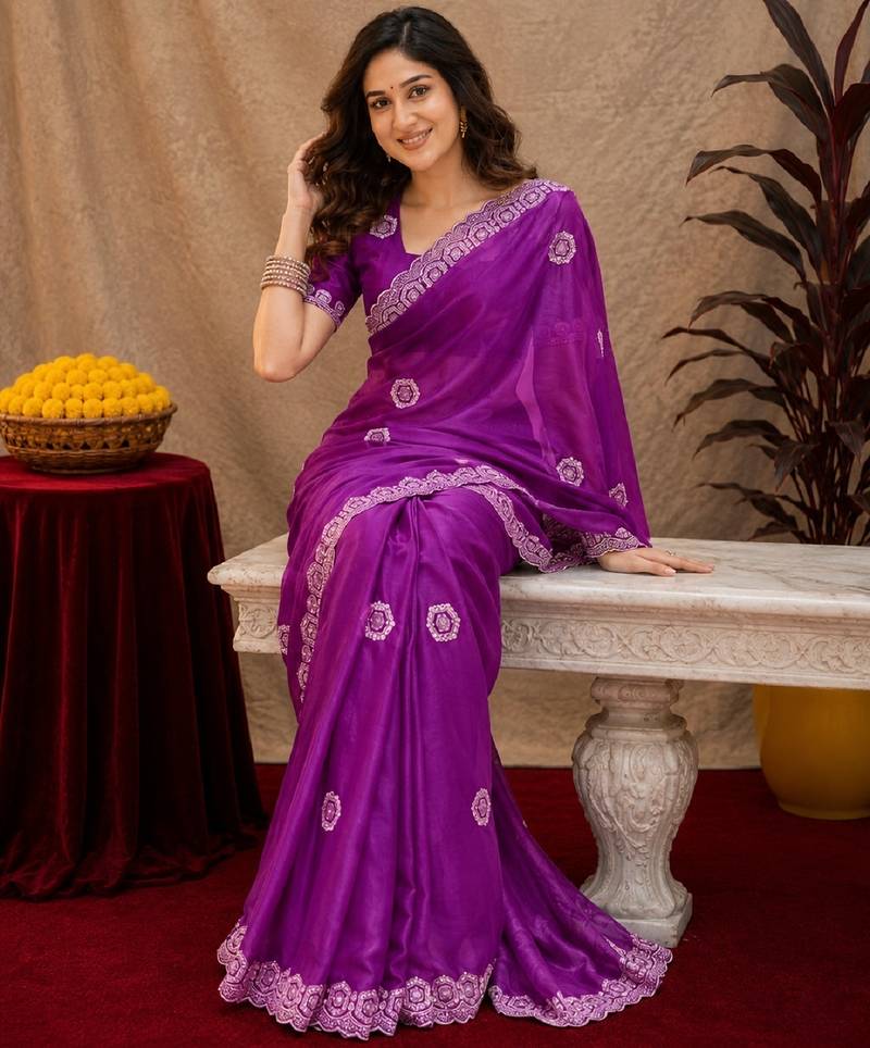 Purple soft shimmer chiffon embroidery work saree with unstitched blouse piece