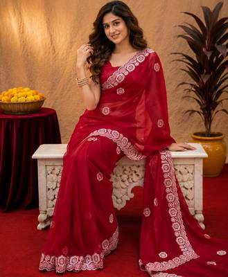 Red soft shimmer chiffon embroidery work saree with unstitched blouse piece 1