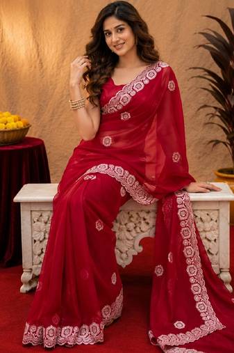 Red soft shimmer chiffon embroidery work saree with unstitched blouse piece