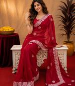 Red soft shimmer chiffon embroidery work saree with unstitched blouse piece