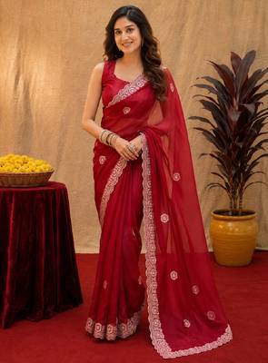 Red soft shimmer chiffon embroidery work saree with unstitched blouse piece 2