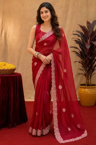 Red soft shimmer chiffon embroidery work saree with unstitched blouse piece