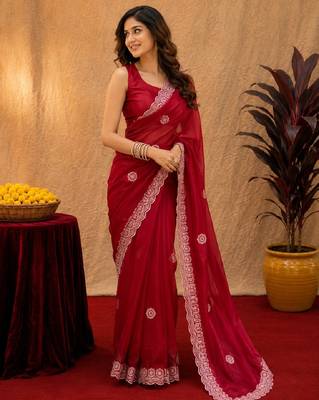 Red soft shimmer chiffon embroidery work saree with unstitched blouse piece 3