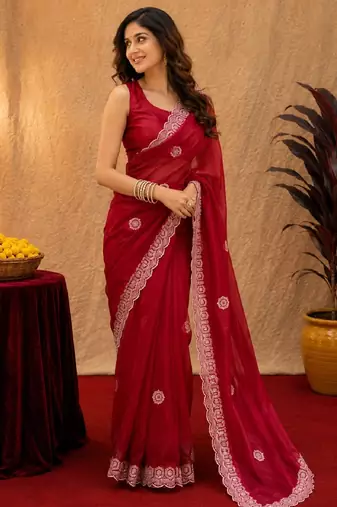 Red soft shimmer chiffon embroidery work saree with unstitched blouse piece