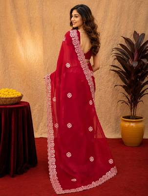 Red soft shimmer chiffon embroidery work saree with unstitched blouse piece 4