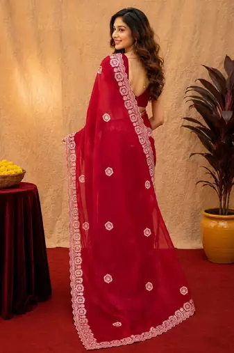 Red soft shimmer chiffon embroidery work saree with unstitched blouse piece