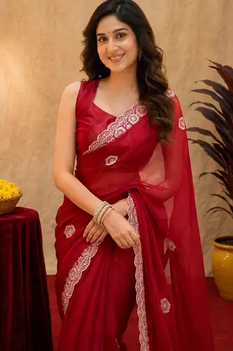 Red soft shimmer chiffon embroidery work saree with unstitched blouse piece
