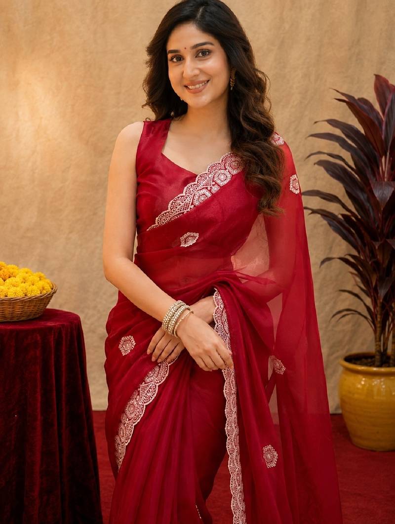 Red soft shimmer chiffon embroidery work saree with unstitched blouse piece