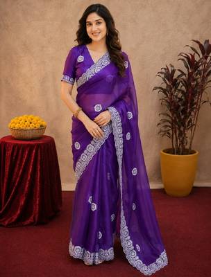 Plum soft shimmer chiffon embroidery work saree with unstitched blouse piece 1