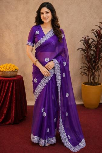 Plum soft shimmer chiffon embroidery work saree with unstitched blouse piece