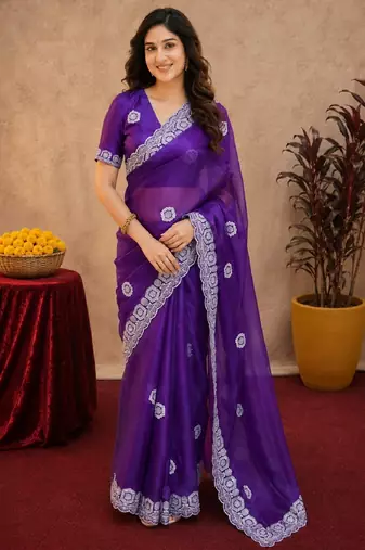 Plum soft shimmer chiffon embroidery work saree with unstitched blouse piece