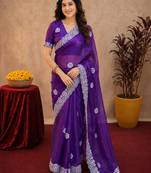 Plum soft shimmer chiffon embroidery work saree with unstitched blouse piece
