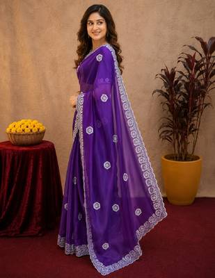 Plum soft shimmer chiffon embroidery work saree with unstitched blouse piece 2