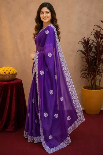 Plum soft shimmer chiffon embroidery work saree with unstitched blouse piece