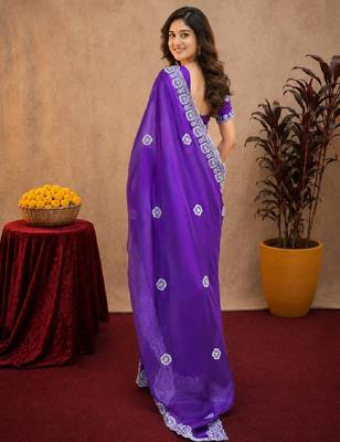 Plum soft shimmer chiffon embroidery work saree with unstitched blouse piece 3