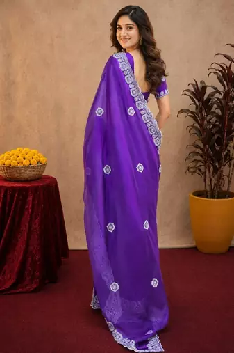 Plum soft shimmer chiffon embroidery work saree with unstitched blouse piece