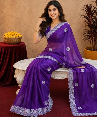 Plum soft shimmer chiffon embroidery work saree with unstitched blouse piece 4