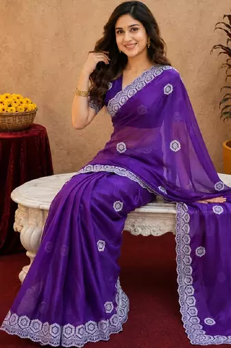 Plum soft shimmer chiffon embroidery work saree with unstitched blouse piece