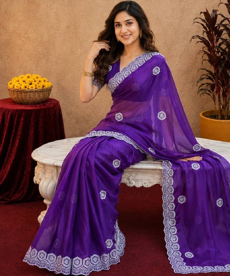 Plum soft shimmer chiffon embroidery work saree with unstitched blouse piece