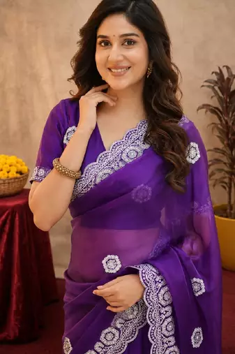 Plum soft shimmer chiffon embroidery work saree with unstitched blouse piece