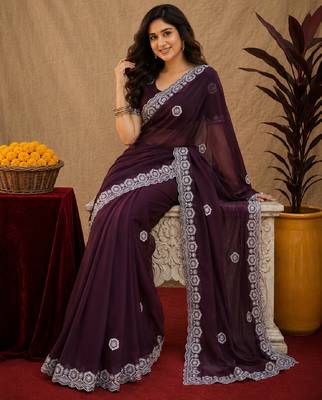 Wine soft shimmer chiffon embroidery work saree with unstitched blouse piece 1