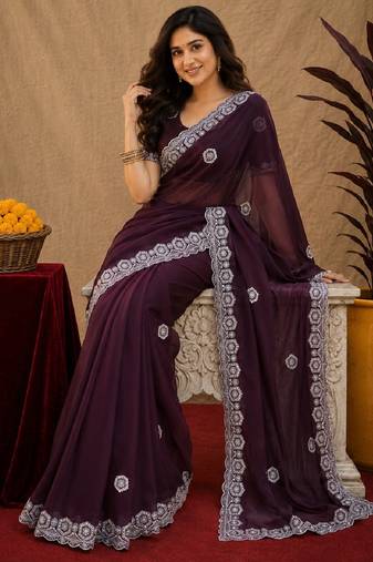 Wine soft shimmer chiffon embroidery work saree with unstitched blouse piece