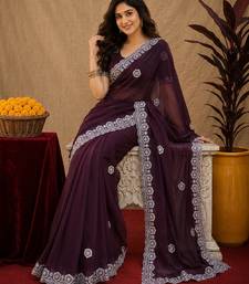 Wine soft shimmer chiffon embroidery work saree with unstitched blouse piece