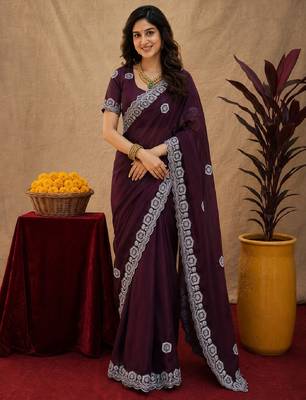 Wine soft shimmer chiffon embroidery work saree with unstitched blouse piece 2