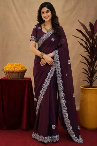 Wine soft shimmer chiffon embroidery work saree with unstitched blouse piece