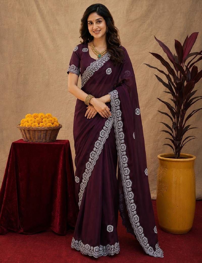 Wine soft shimmer chiffon embroidery work saree with unstitched blouse piece