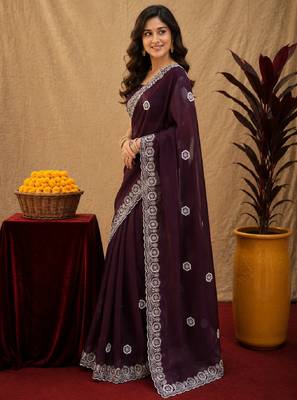 Wine soft shimmer chiffon embroidery work saree with unstitched blouse piece 3