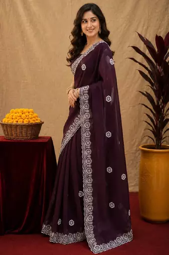 Wine soft shimmer chiffon embroidery work saree with unstitched blouse piece