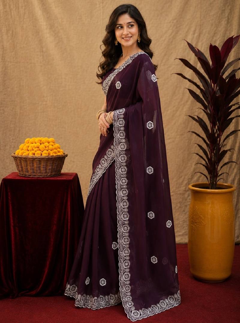 Wine soft shimmer chiffon embroidery work saree with unstitched blouse piece