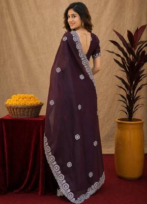 Wine soft shimmer chiffon embroidery work saree with unstitched blouse piece 4