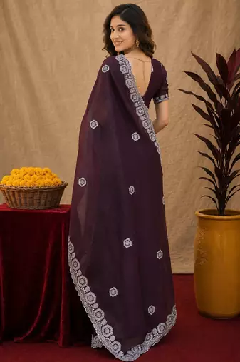 Wine soft shimmer chiffon embroidery work saree with unstitched blouse piece