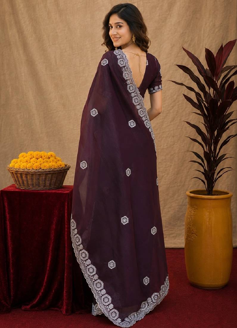 Wine soft shimmer chiffon embroidery work saree with unstitched blouse piece