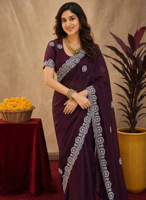 Wine soft shimmer chiffon embroidery work saree with unstitched blouse piece 5
