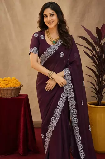Wine soft shimmer chiffon embroidery work saree with unstitched blouse piece