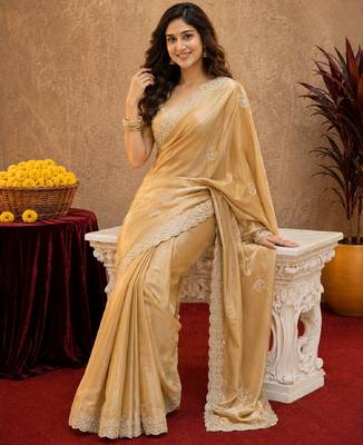 Gold soft shimmer chiffon embroidery work saree with unstitched blouse piece 1