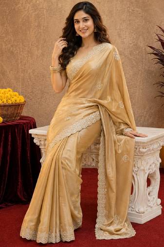 Gold soft shimmer chiffon embroidery work saree with unstitched blouse piece