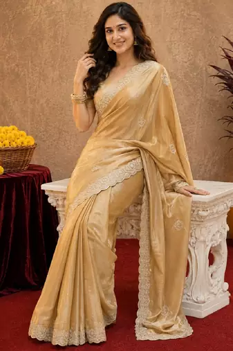 Gold soft shimmer chiffon embroidery work saree with unstitched blouse piece