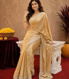 Gold soft shimmer chiffon embroidery work saree with unstitched blouse piece