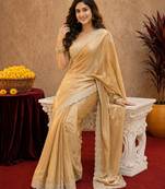 Gold soft shimmer chiffon embroidery work saree with unstitched blouse piece