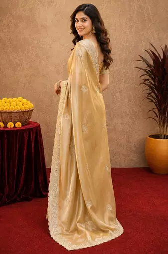 Gold soft shimmer chiffon embroidery work saree with unstitched blouse piece