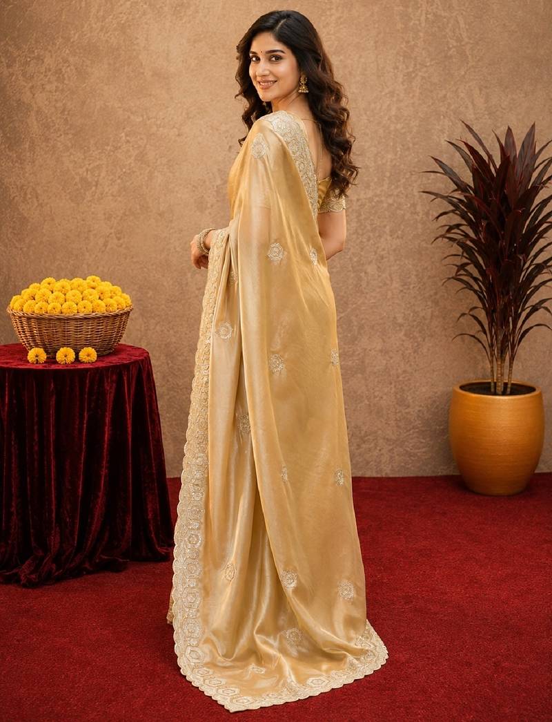 Gold soft shimmer chiffon embroidery work saree with unstitched blouse piece