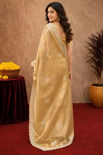 Gold soft shimmer chiffon embroidery work saree with unstitched blouse piece