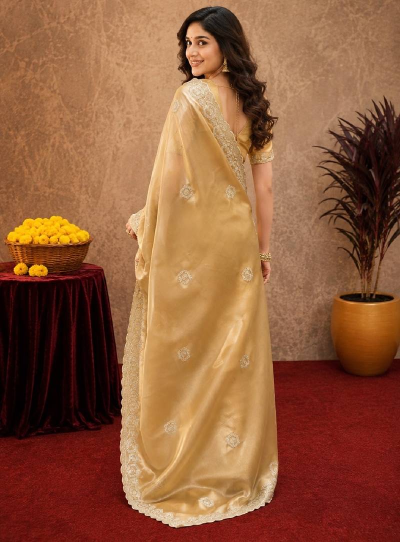 Gold soft shimmer chiffon embroidery work saree with unstitched blouse piece